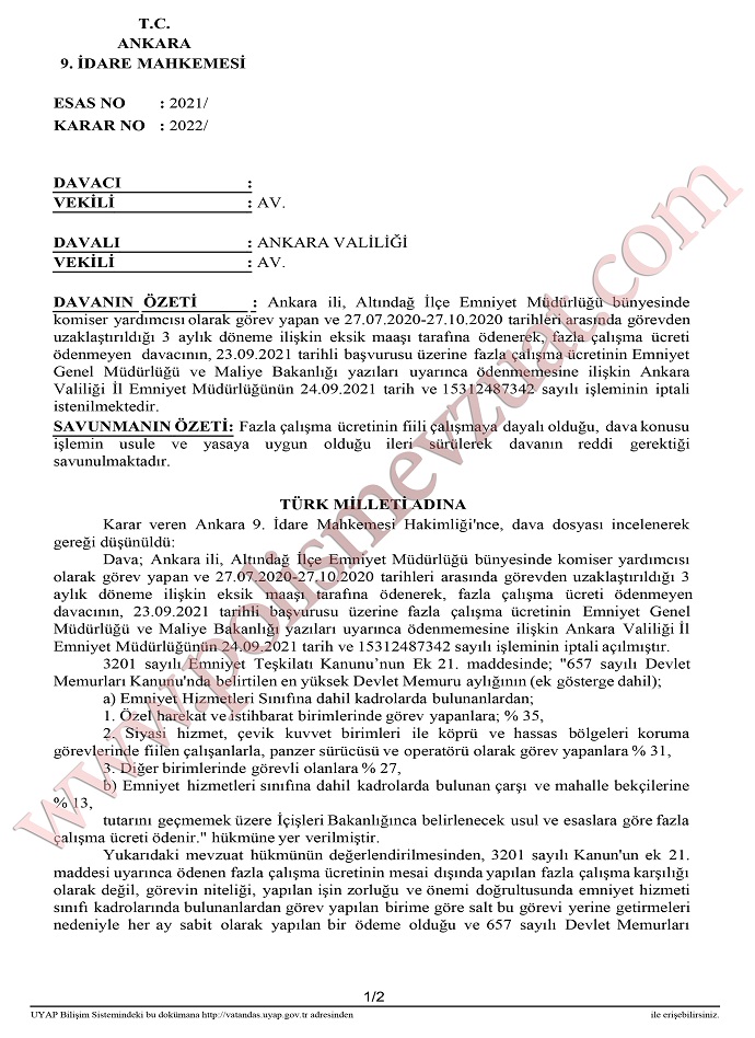 aciga alinan polise fazla calisma ucreti verilmesi 1