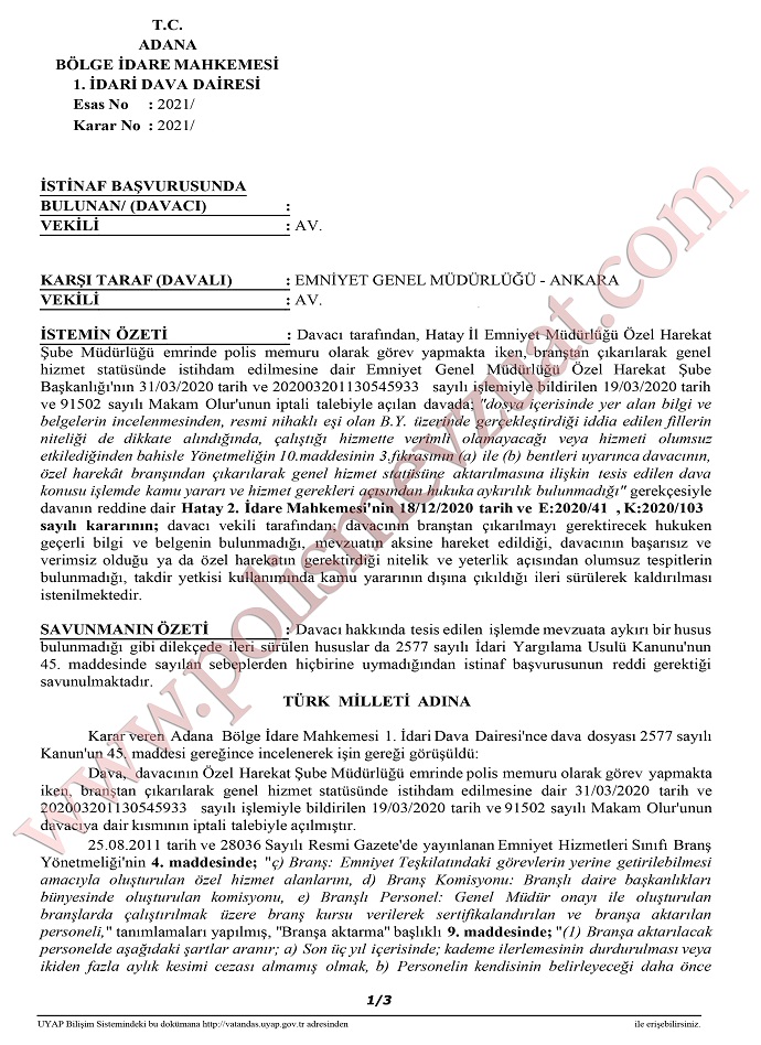 esiyle kavga eden polisin branstan cikarilmasi bolge idare mahkemesi 1