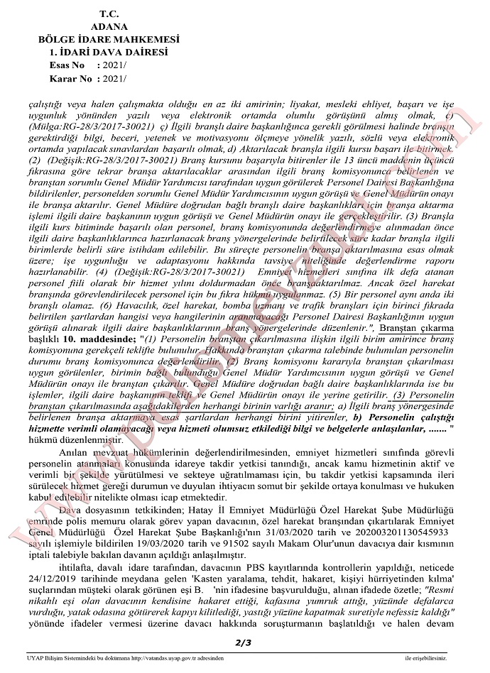 esiyle kavga eden polisin branstan cikarilmasi bolge idare mahkemesi 2