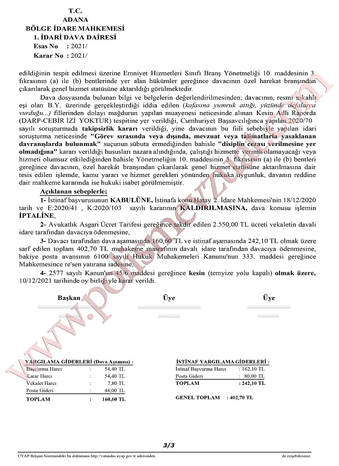 esiyle kavga eden polisin branstan cikarilmasi bolge idare mahkemesi 3