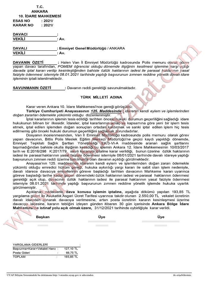pomem elenme ozluk ve parasal haklarin iadesi
