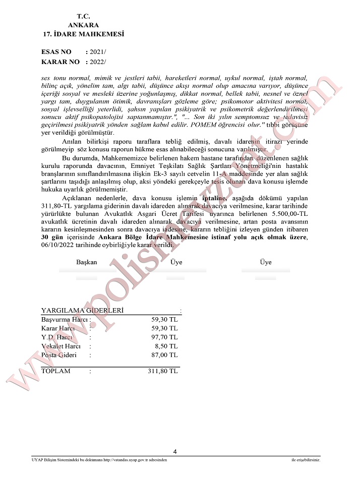 Obsesif bozukluk tanısıyla polis meslek eğitim merkezinden ilişiği kesilen adayın pomeme geri dönmesi konusunda kazanılan davadır.