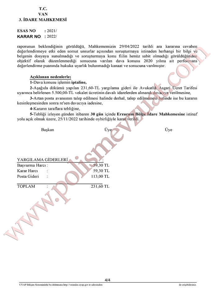 yıl sonu performans değerlendirme puanı