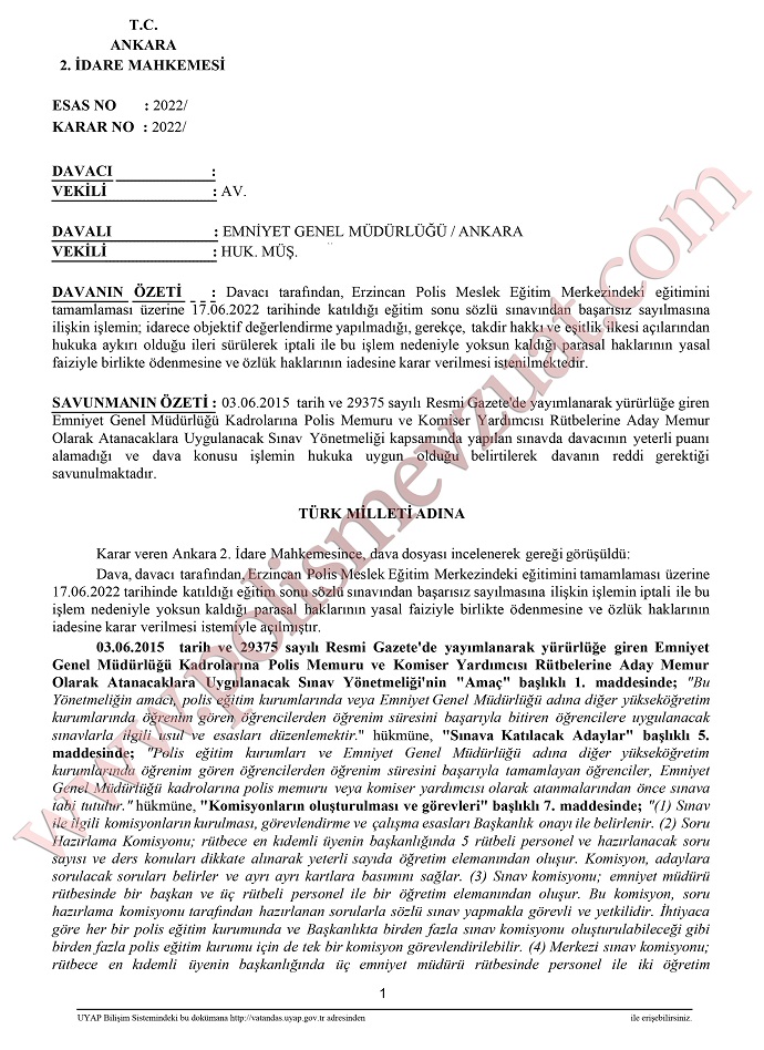 pomem eğitim sonu sınavı emsal kararı