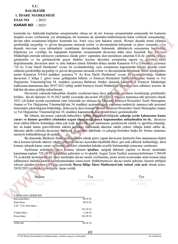 polis memurunun otuz dördüncü maddeden yapılan atamasının iptali