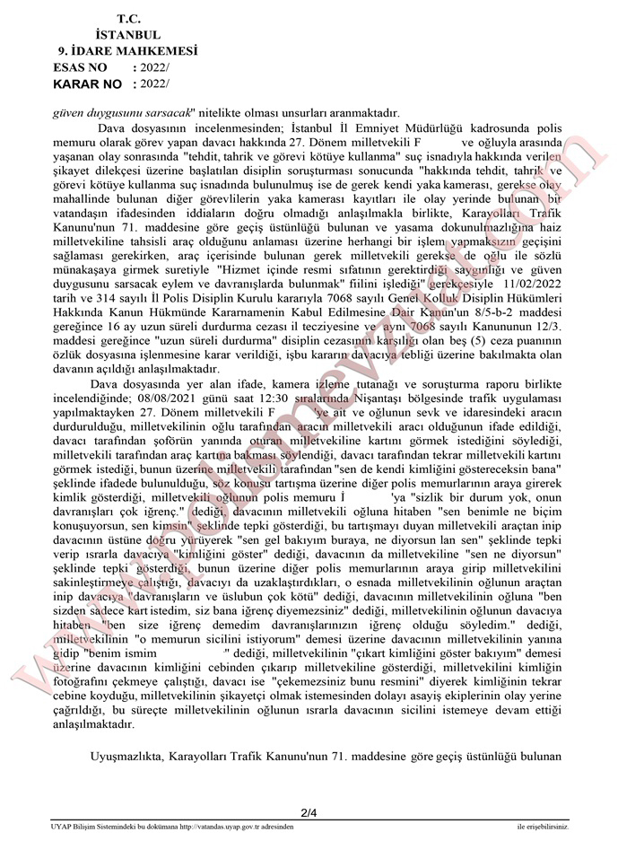 millet vekiline kimlik soran millet vekilini durduran polise ceza 2a