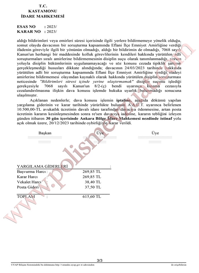 Bildirimleri süresi içinde yerine ulaştırmamak jandarma uzman çavuşa ceza
