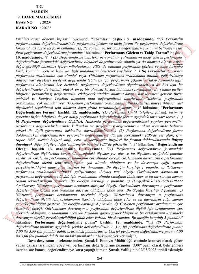 performans değerlendirme puanı davası