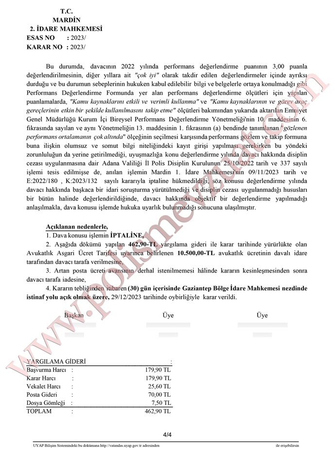 performans değerlendirme notuna itiraz davası