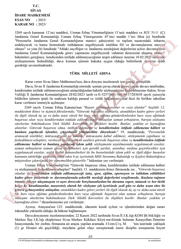 uzman çavuş sözleşme fesih davası emsal kararı
