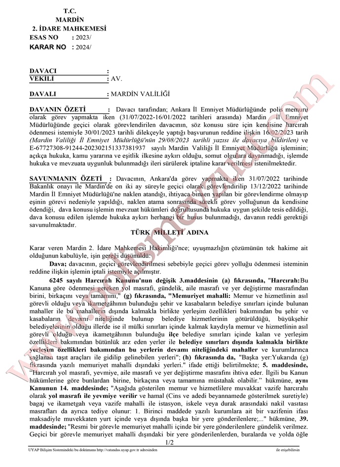 geçici görev yolluğu ücreti davası emsal kararı