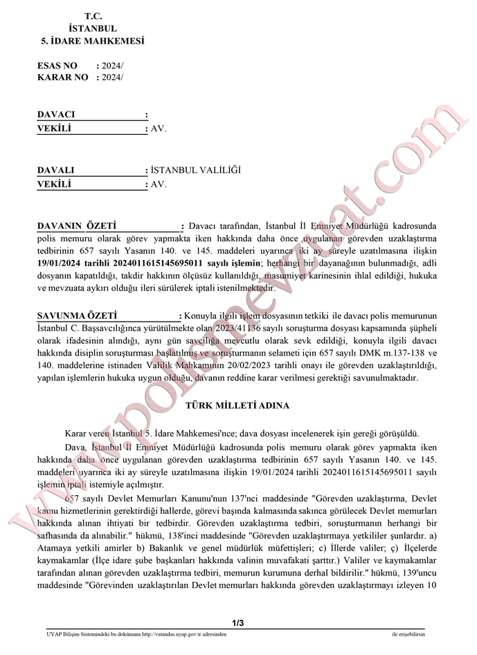 Görevden uzaklaştırılan polisin göreve iadesi emsal kararı. Açığa alınan polisin göreve dönmesi. 5 görevden uzaklaştırma açığa alınma itiraz emsal kararı