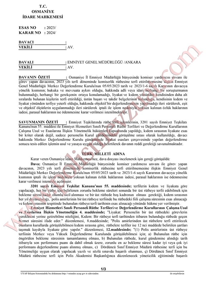 komiser yardımcısının rütbe terfi davası