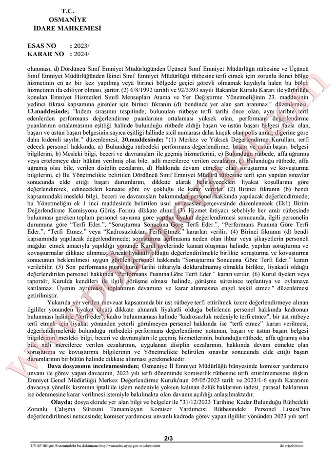 komiser yardımcısının rütbe terfi davası