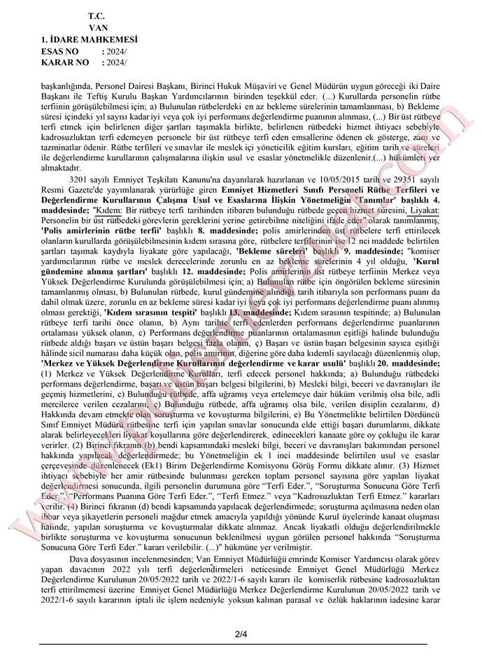 komiser yardımcısı rütbe terfii davası emsal kararı