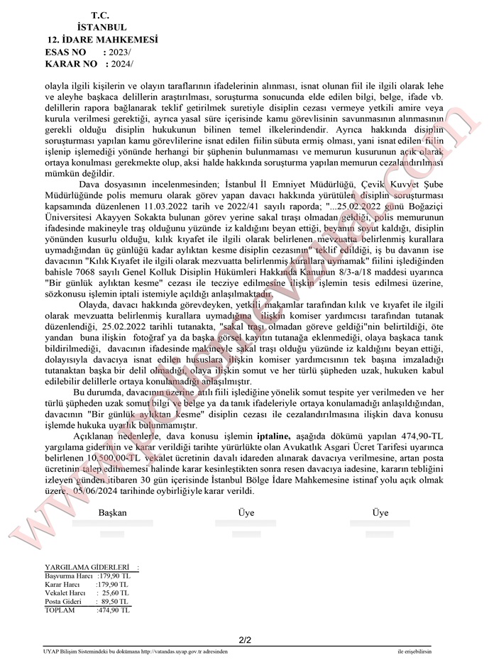 sakal traşı olmadangöreve gelen polise verilen cezanın iptali