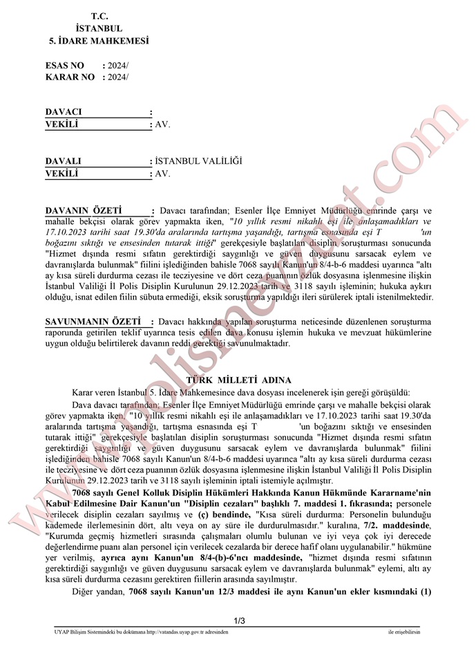 görev dışında eşiyle kavga eden memura ceza