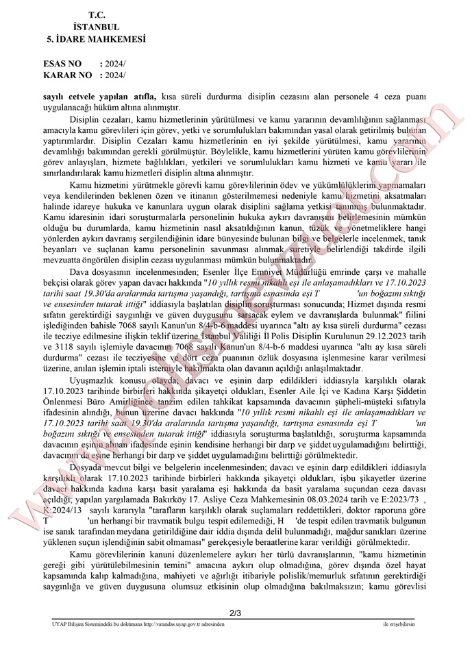 görev dışında eşiyle kavga eden memura ceza