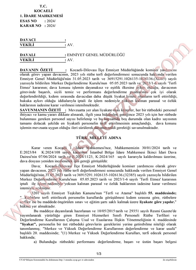komiser yardımcısı rütbe terfi emsal kararı davası