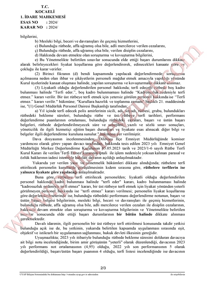 komiser yardımcısı rütbe terfi emsal kararı davası
