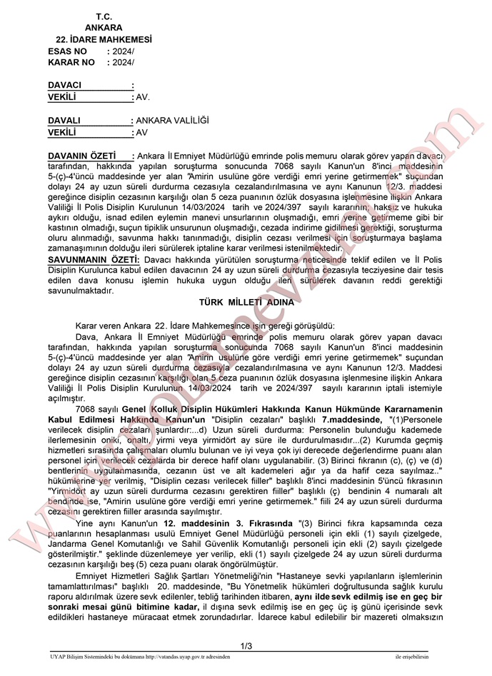 usul fene gitmeyen polise amirin emrini yerine getirmemekten ceza