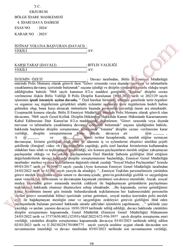 twitterda sosyal medyada paylaşım yapan polise ceza bölge idare mahkemesi
