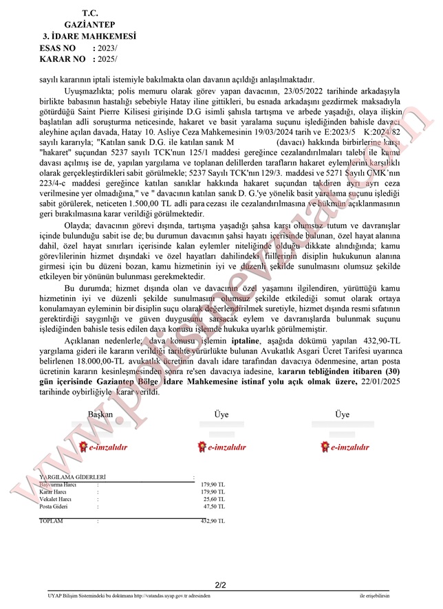 hizmet dışında görev dışında kavga eden polise verilen cezanın iptali