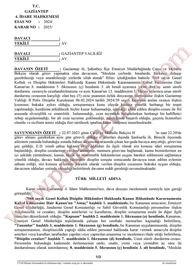 meskun yerlerde silah atmak kavgada ateş eden bekçiye ceza