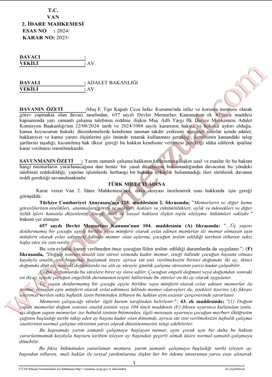 memurun yarı zamanlı çalışma hakkı davası emsal kararı