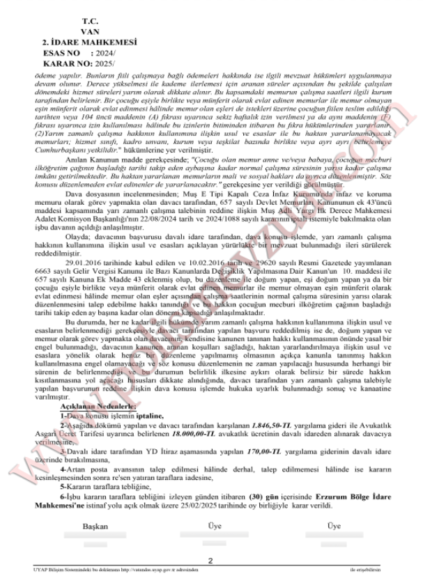 memurun yarım zamanlı çalışması davası emsal kararı 