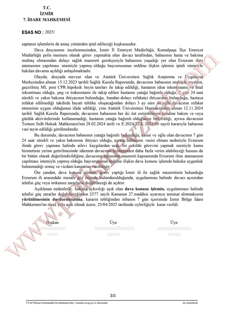 babası kanser hastası olan polisin sağlık özrü ataması davası emsal kararı