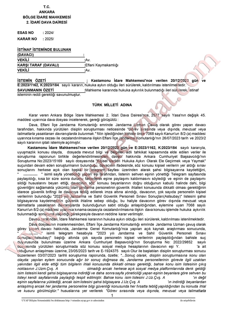 jandarma uzman çavuş sosyal medyada paylaşım bölge idare mahkemesi kararı