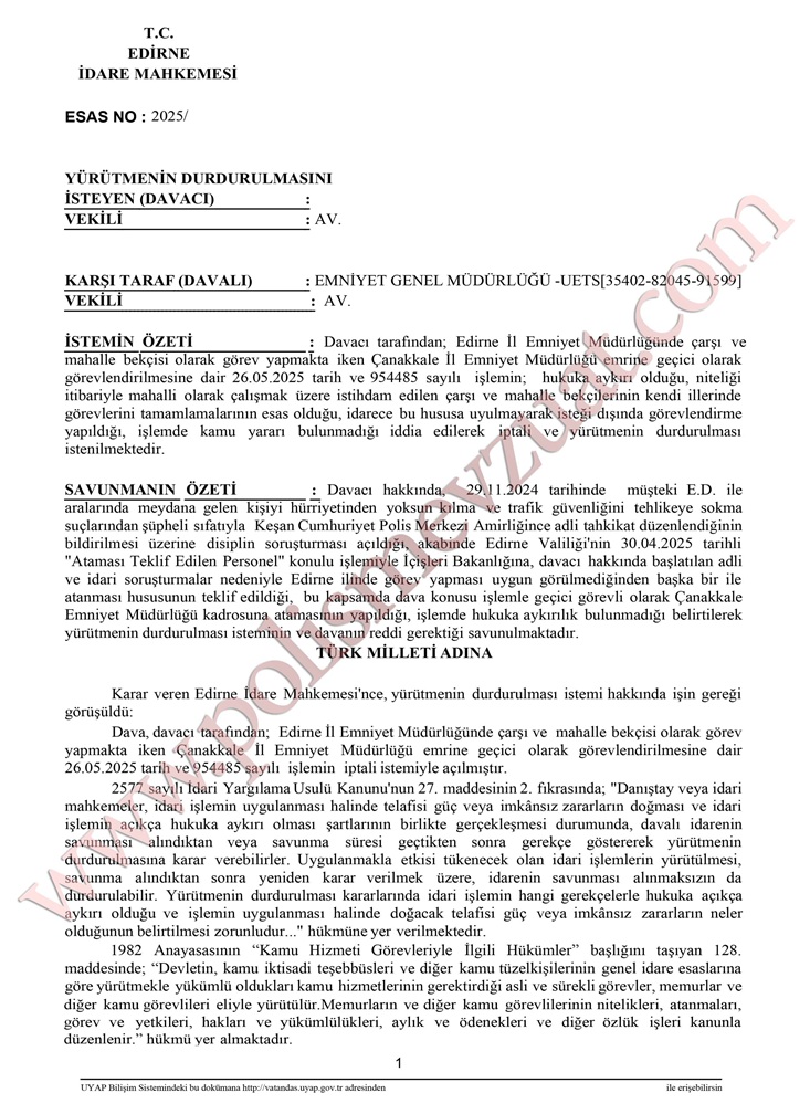 Bekçinin başka bir ile geçici görevlendirilmesinin iptali davası. 5 bekçinin geçici görevlendirmenin iptali davası