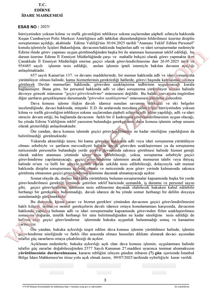 Bekçinin başka bir ile geçici görevlendirilmesinin iptali davası. 7 bekçinin geçici görevlendirmesinin iptali davası