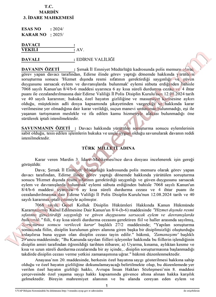 eşiyle tartışan kavga eden polis memuruna disiplin cezası