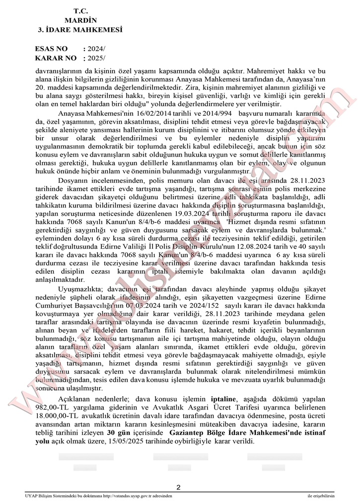 görev dışında evde eşiyle tartışan polis memuruna disiplin cezası