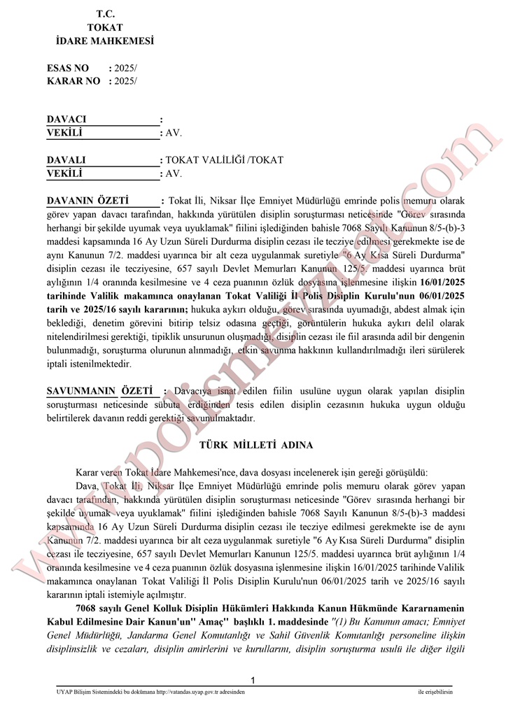 görevde uyumak veya uyuklamak cezası iptal davası