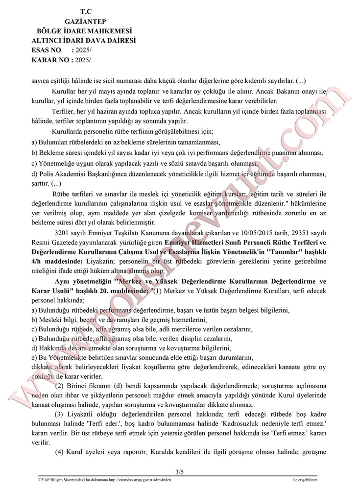 komiserlikten başkomiserliğe rütbe terfi davası bölge idare mahkemesi emsal kararı
