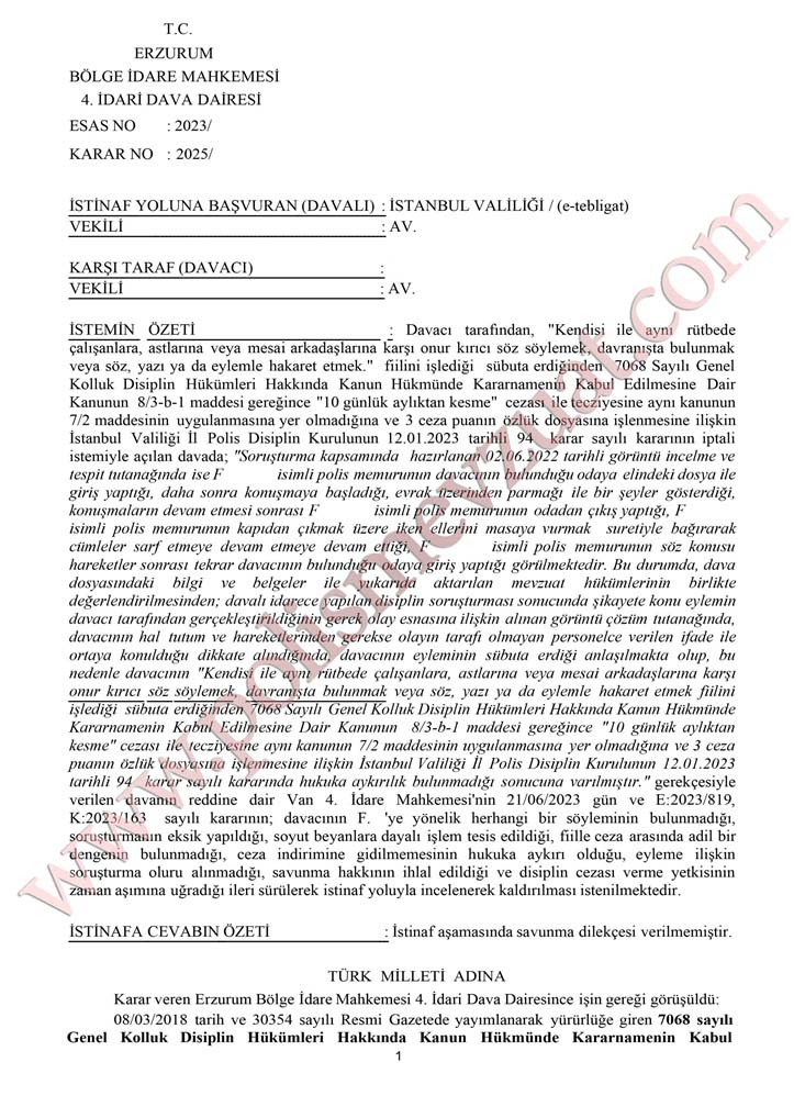 onur kırıcı söz söylemek disiplin cezası