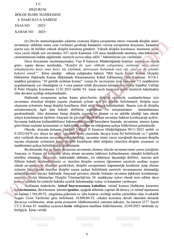 komiser yardımcısına onur kırıcı söz söylemekten ceza