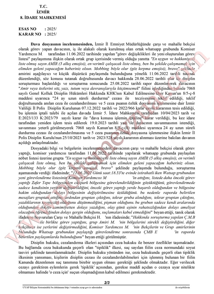Whatsapp'tan amire cevap yazan bekçiye Amiri küçümsemekten verilen cezanın iptali. 6 whatsapptan cevap yazan bekçiye amiri küçümsemek disiplin cezası