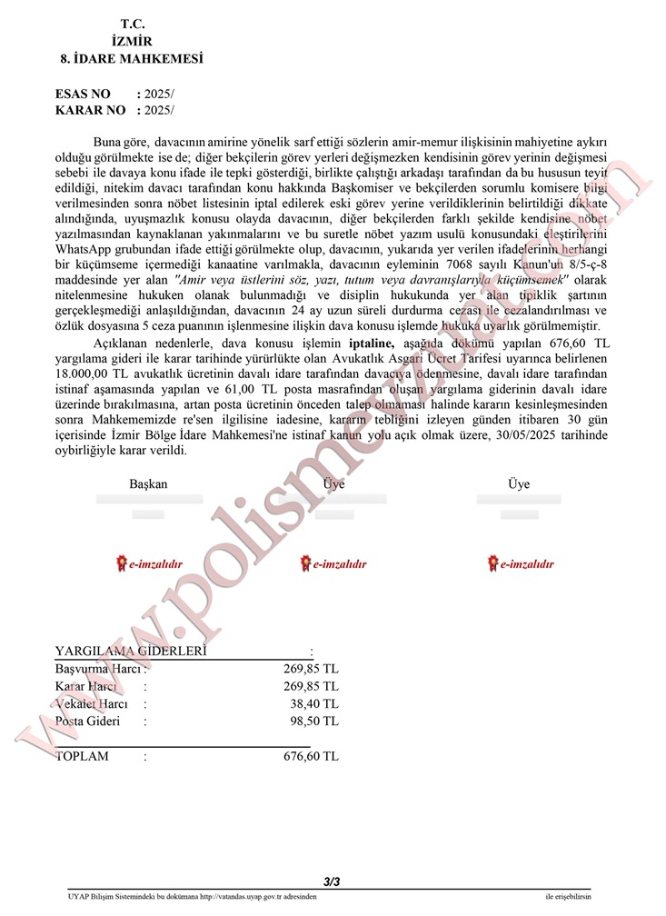 Whatsapp'tan amire cevap yazan bekçiye Amiri küçümsemekten verilen cezanın iptali. 7 amiri küçümsemekten bekçiye verilen disiplin cezasının iptali emsal kararı