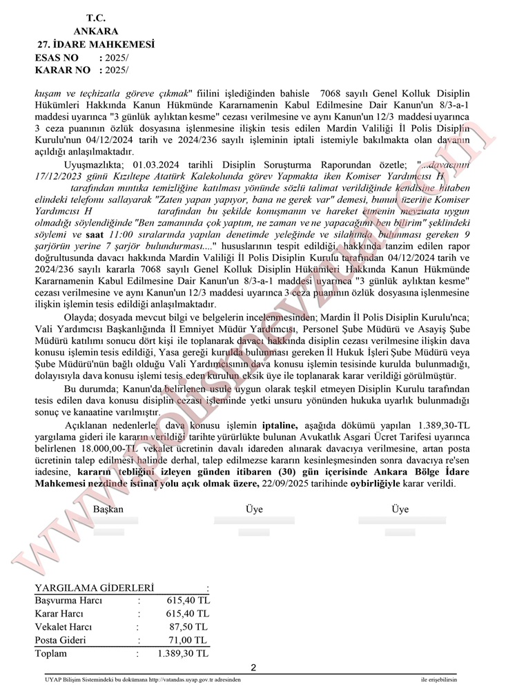 mıntıka temizliği yapmayan polise şarjörü eksik olan polise eksik teçhizat ile göreve çıkmaktan ceza
