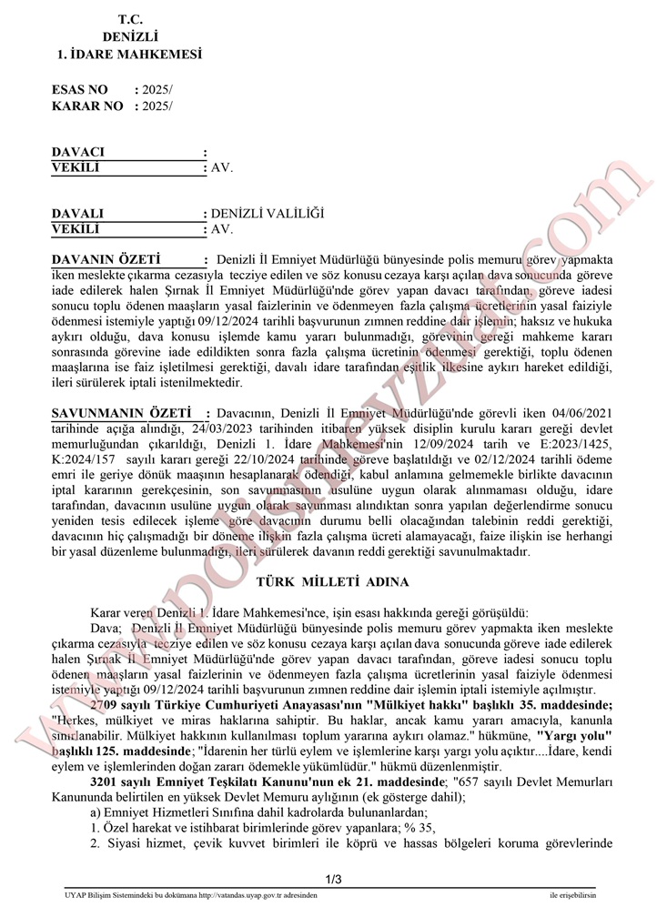 meslekten çıkarılan polise maaşın yasal faizi ve fazla çalışma ücreti iadesi