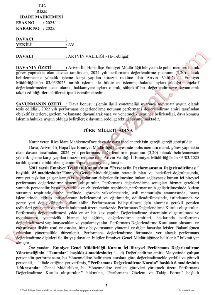 polis performans değerlendirme puanı iptali davası emsal kararı