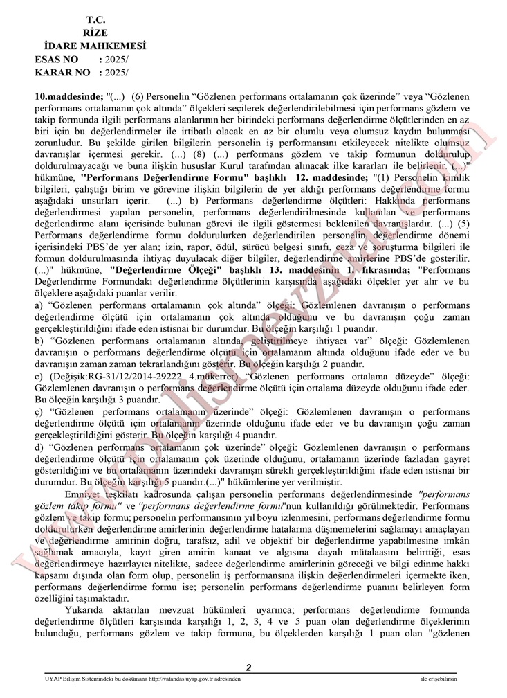 polise düşük performans puanı iptali emsal kararı