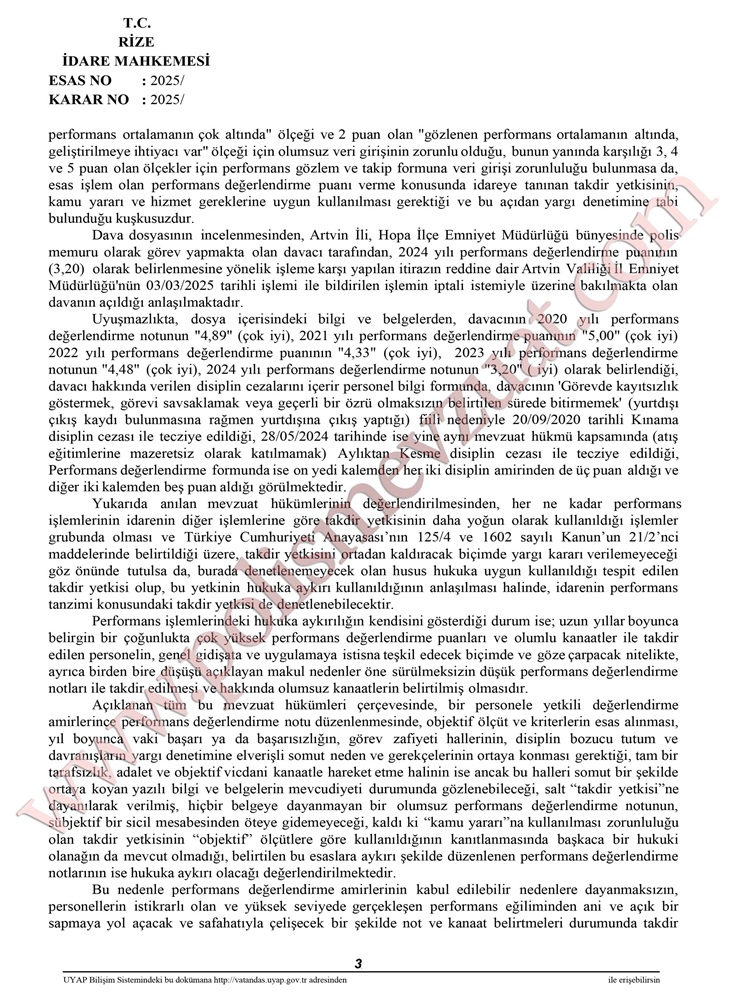 düşük performans puanı emsal kararı