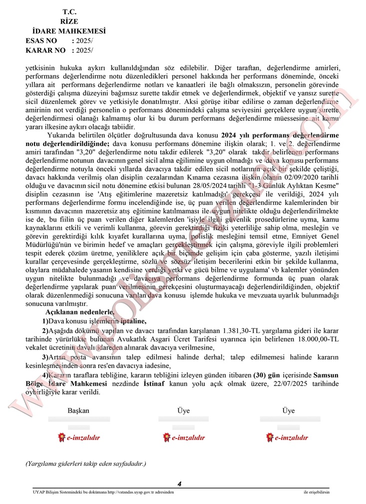 düşük performans değerlendirme puanı yükseltme davası emsal kararı
