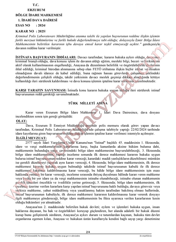 Kriminal Polis Laboratuvarı branştan çıkarma davası bölge idare mahkemesi