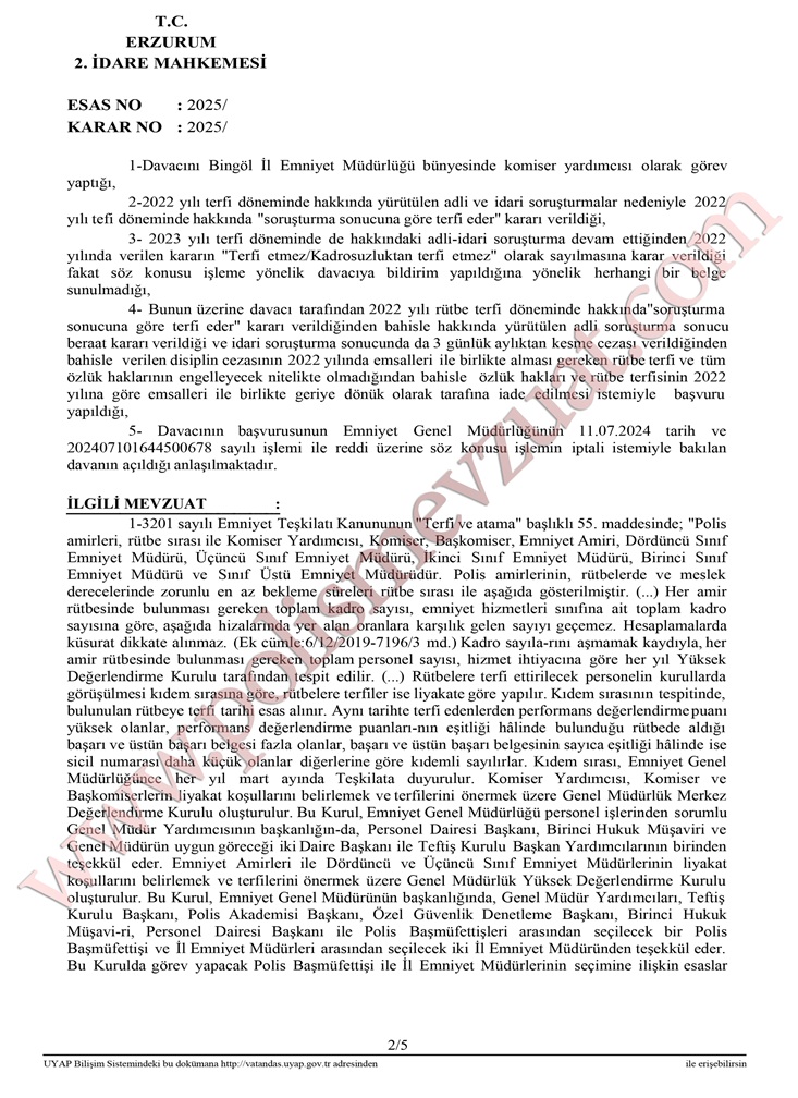 komiser yardımcısı rütbe terfi ve özlük hakları davası emsal kararı